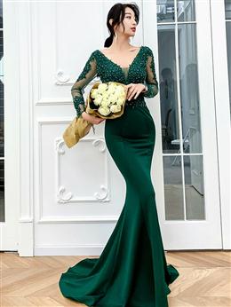 Picture of Dark Green Mermaid Lace and Beaded Evening Dress, Green Prom Dresses Party Dresses